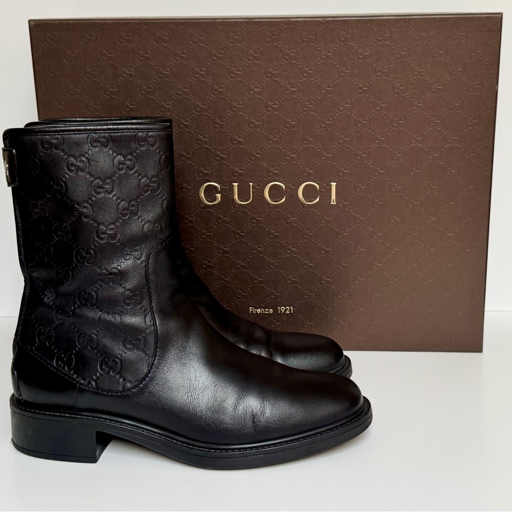 Gucci Black Embossed Leather Microguccissima Ankle Boots Size 8.5 - Picture 2 of 8